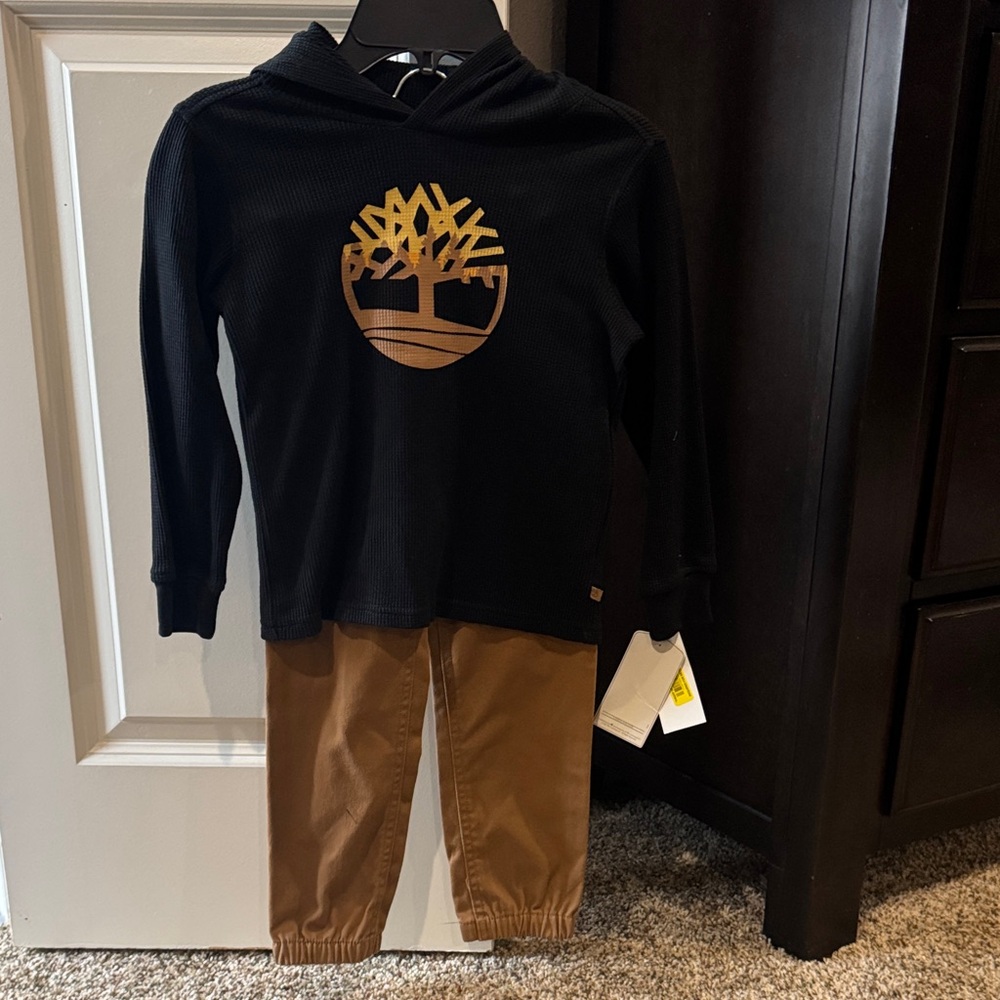 4T Boys Timberland Waffle Hoodie and Brown Pants Set - NWT